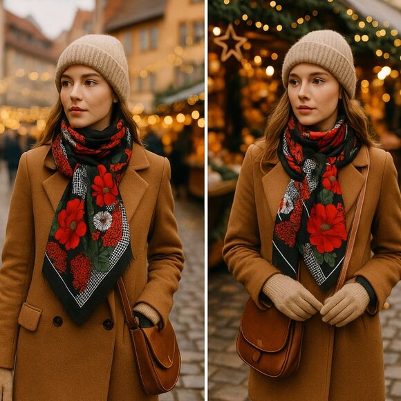 Vintage Floral Silk-Blend Scarf — Black Red & Gray | Designer-Quality 80s/90s - Picture 4 of 12